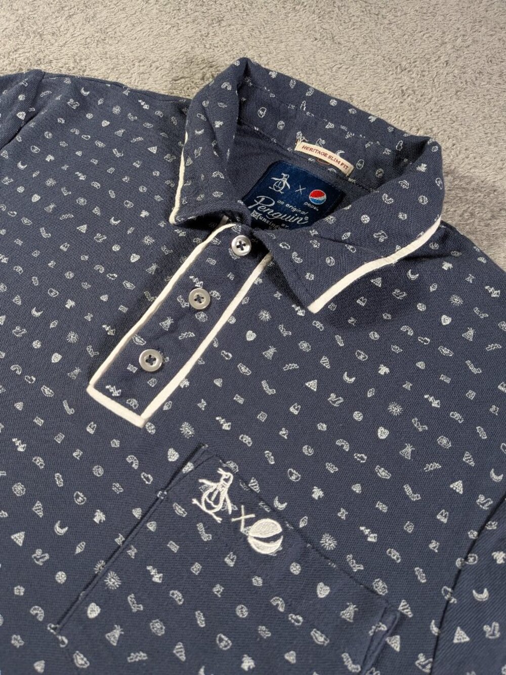 Original Penguin x Pepsi Collab Polo Shirt S Navy Blue Embroidered Icons Slim Fi